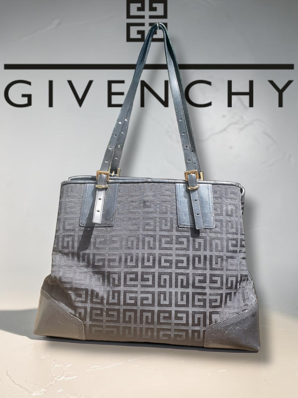 Vintage GIVENCHY G-Cube Jaquard Monogram Canvas Black Gold Y2K Tote Bag Authenti